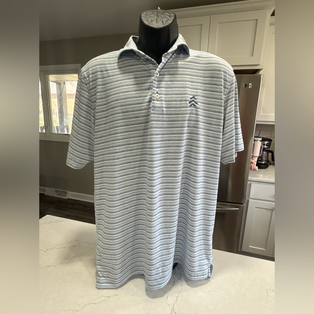 johnnie-O Top Shelf Striped Polo Shirt Men’s Large Blue White Gray Short Sleeve